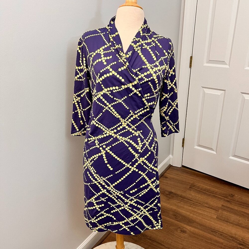 J. McLaughlin Elegant String of Beads Print Carolina Cloth V-Neck Dress Sz S